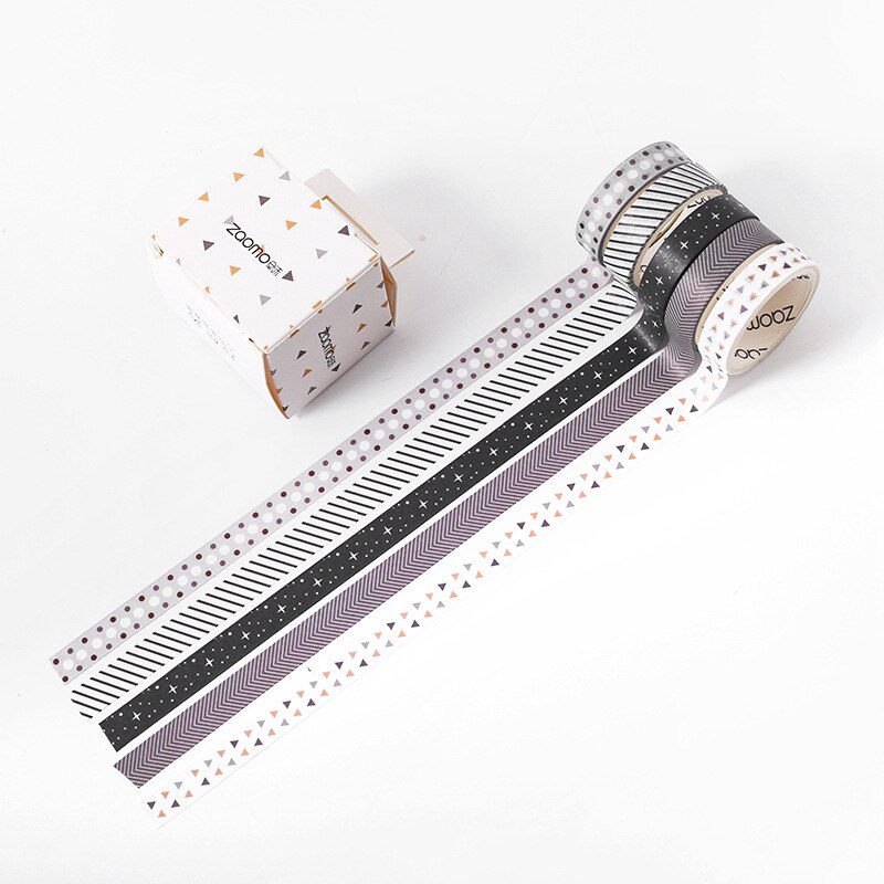 Valiosopa 5Pcs Basic Kleur Papier Washi Tape Set 10Mm Kant Streep Grid Zwart Grijs Lijm Afplakband Decoratie stickers A6634: Black