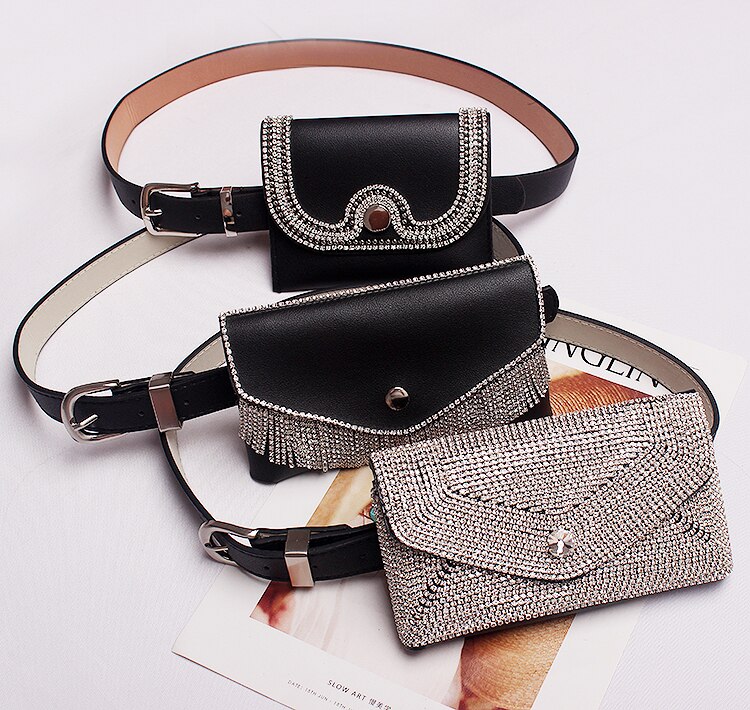 Nuovo Sacchetto della Vita di Modo di Scintillio Pieno di Diamanti Scuro Buckle Pu Cintura In Pelle Tasche Cinghia Delle Signore Dual-utilizzare Tre Opzionale sacchetto di marea 729