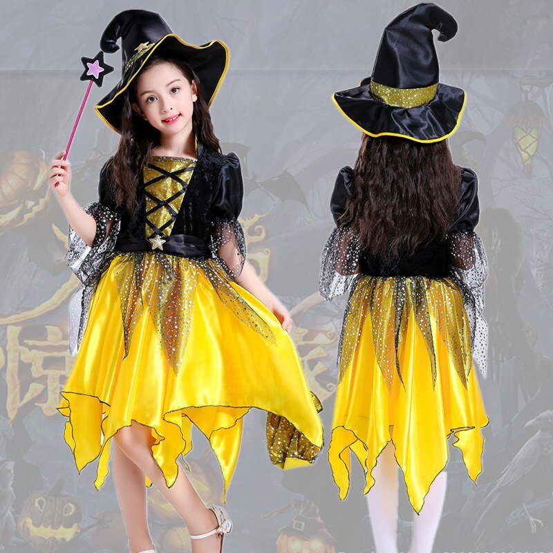 Children's Halloween Yellow Elf Costume Dress Girls Dress Up Prom Dress Set for Kids
