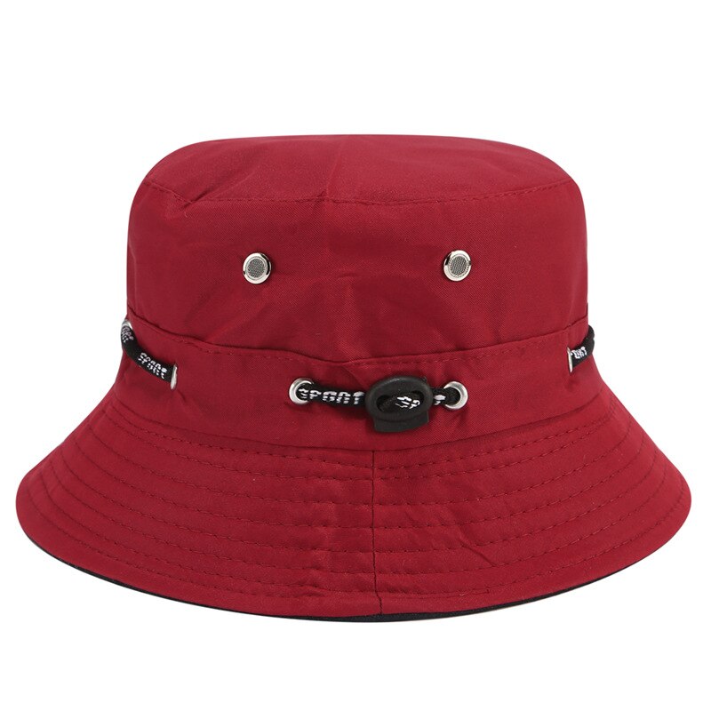 Sombrero de pescador plegable con cuerda para hombre y mujer, gorra de pescador con protección solar, Color sólido, para pesca al aire libre: wine red