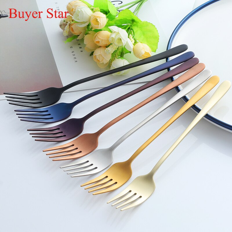 7pcs 21cm/8.2&#39;&#39; 304 Stainless Steel Fork Korean Long Handled Dinner Fork Cake Fruit Dessert Forks set Kitchen Cutlery For Party