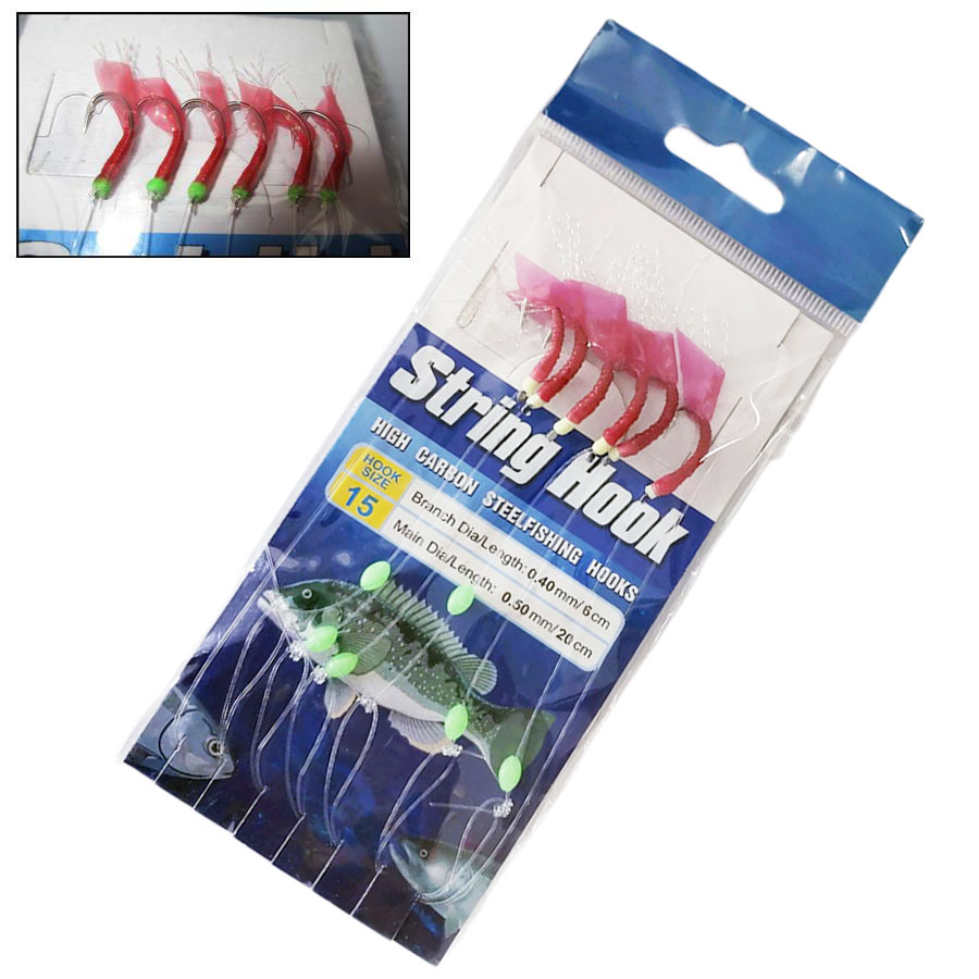 Paquete de 5 aparejos de cebo Wobbler Sabiki y anzuelos de pesca de frijol luminosos, aparejos que brillan en la oscuridad para agua salada con mosca oceánica