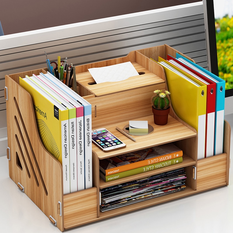 DIY Wood Desk Set Office Book Desktop Paper Folder Storage Box with Drawer Book Stand Rack Wooden