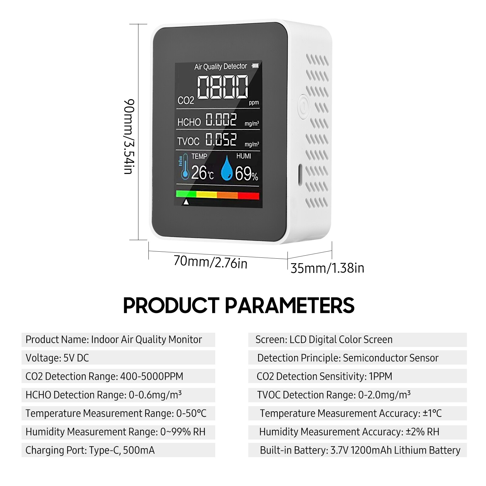 NDIR/Semiconductor CO2 Sensor Air Monitor CO2 Detector Formaldehyde HCHO TVOC Tester LCD Temperature Humidity Tester