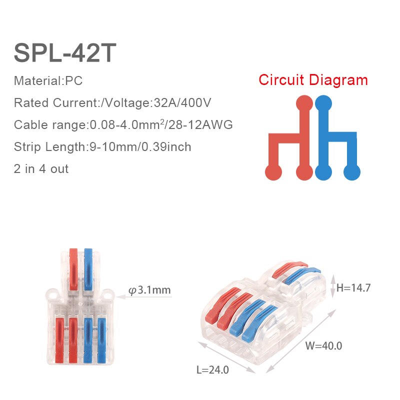 5 stk hurtig ledningssplitter splejsningsklemme spl type kompakt leder push-in ledning kabelstik med let betjeningshåndtag: Spl -42t