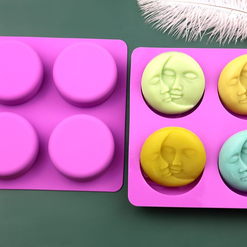 Molde de silicona para jabón de la Luna y el sol, molde de 4 cavidades para jabón facial, para barra casera, fabricación de resina de baño