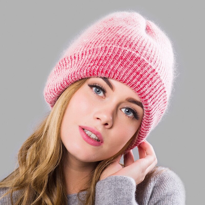 Vinter kvinders angola uld strikket hat varm uld beanie udendørs sport toppede cap uld cap: Rød