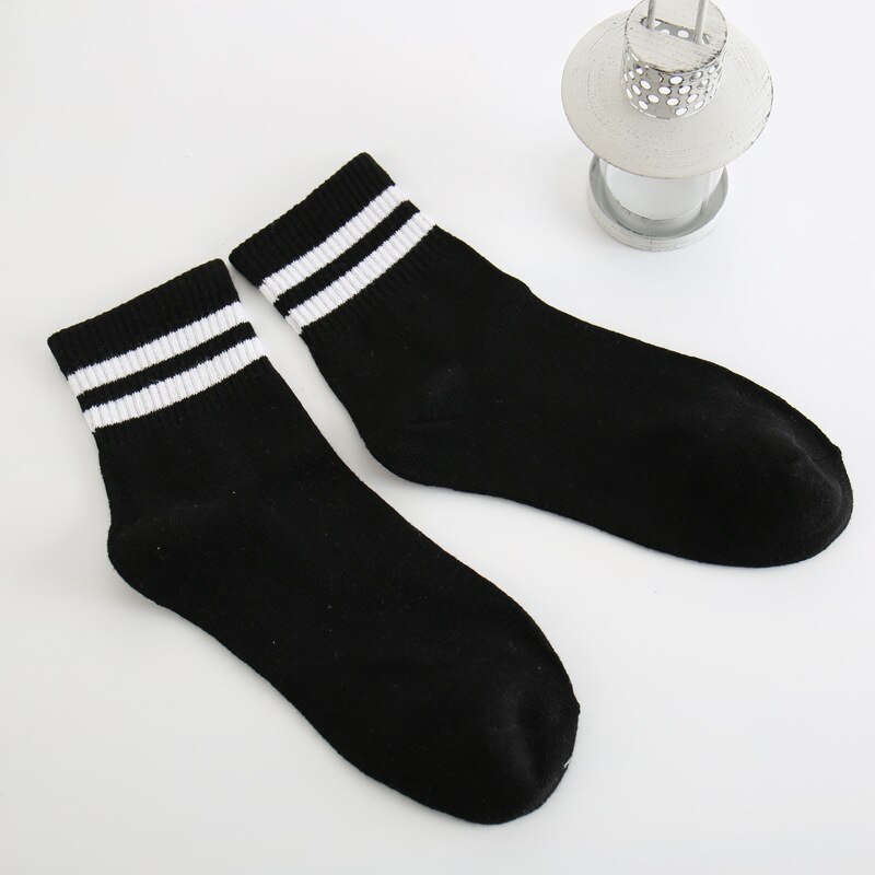 Calcetines a rayas de algodón Midriff para hombre, con dos rayas, estilo College Wind: black