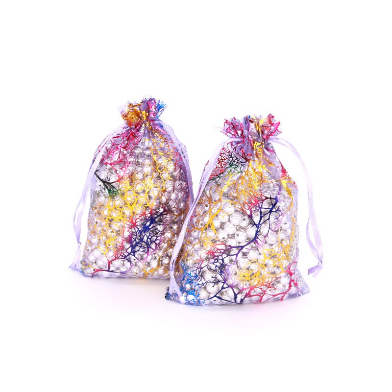 20 sztuk/partia koral wzór torby z organzy 7x9 9x12 13x18 cm Charms kosmetyki torby do pakowania biżuterii party sznurkiem prezent torba torebki: Fioletowy / 10x14cm 20pcs