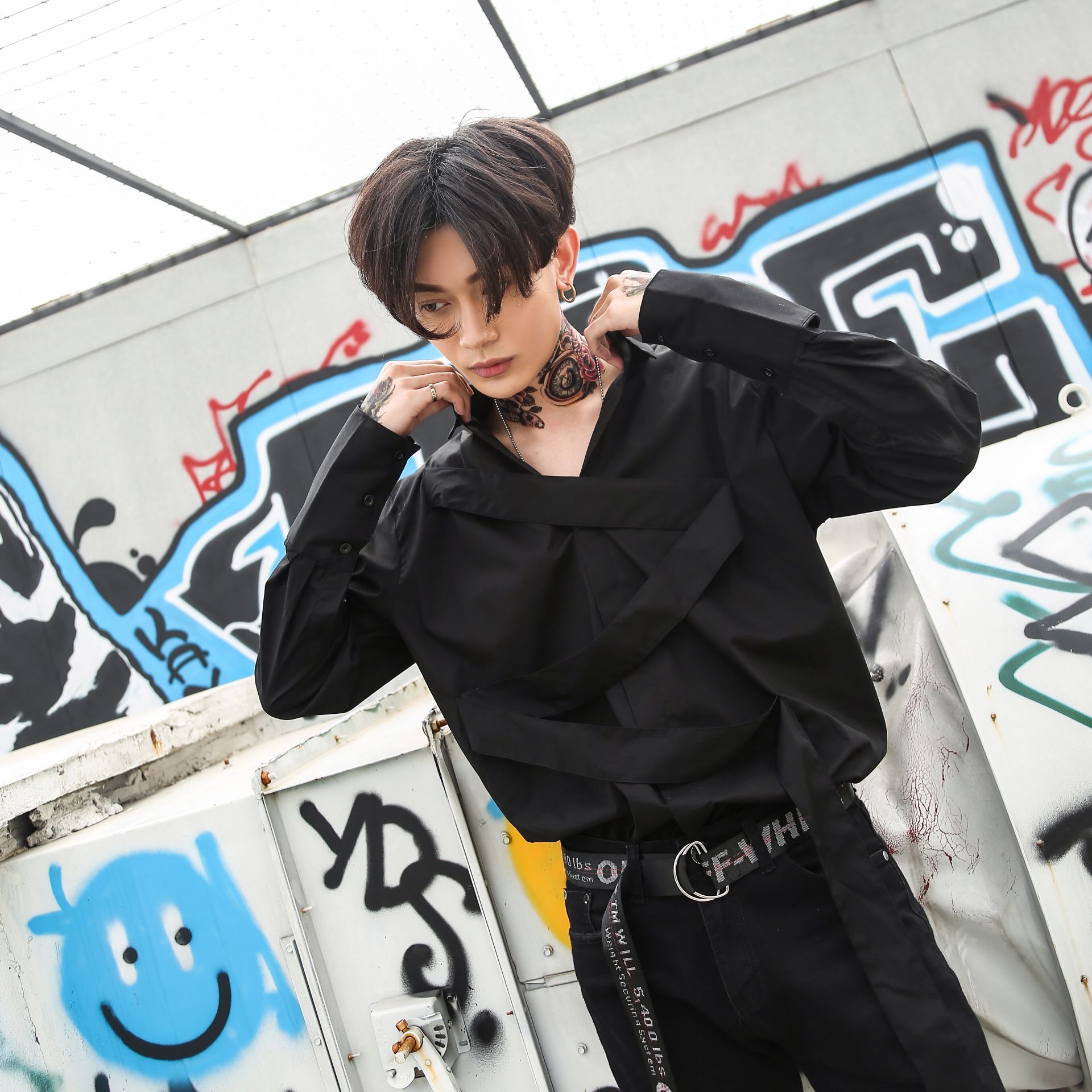 Men Long Sleeve Casual Shirts High Street Male Punk Hip Hop Black Dress Shirt Stage Clothing