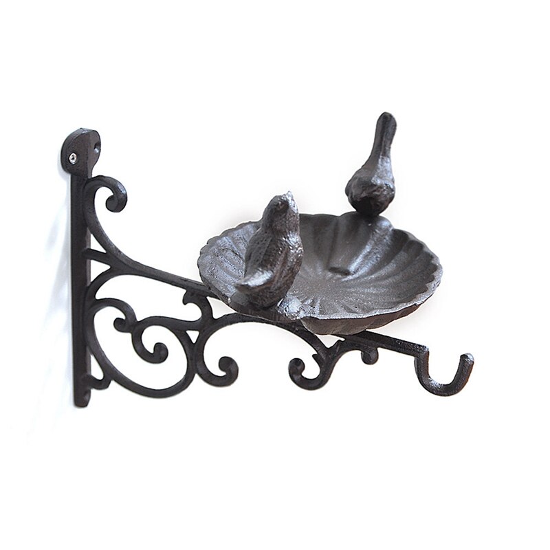 Bird Bath/Feeder With Wall Bracket Outdoor Garden Cast Iron Hanging Basket Bird Bath Wall Mounted Hook Bracket