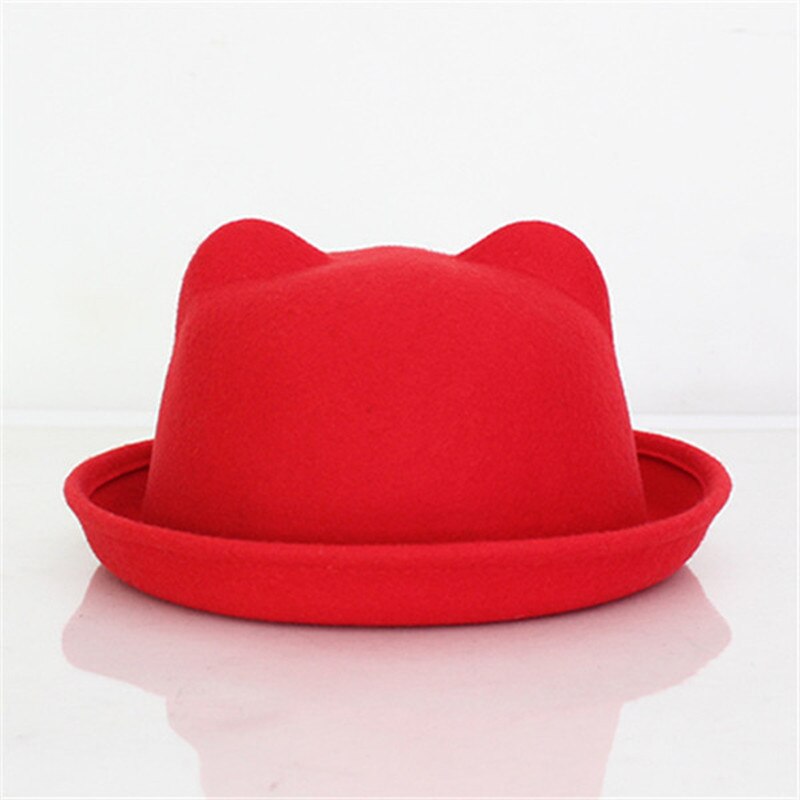 Girls Children Fedoras Hat Spring Bowler Hat Roll Brim Dome Top Hat Devil Horns Cat Ear Felt Wool Sun Hat Good Package 20: Red