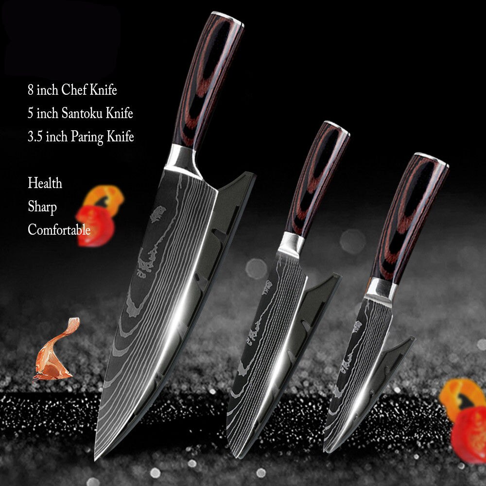 XYj Professionelle Küche Koch Messer Set Japanischen 7CR17 High Carbon Edelstahl Nachahmung Damaskus Muster Kochen Messer Set: 3 Pcs Value set 01