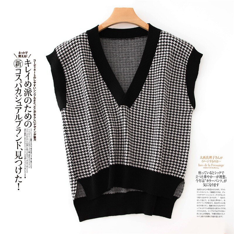 Femmes cachemire pull automne sans manches motif en vrac automne hiver tricoté grand col en v femmes femme pull gilet décontracté: Black