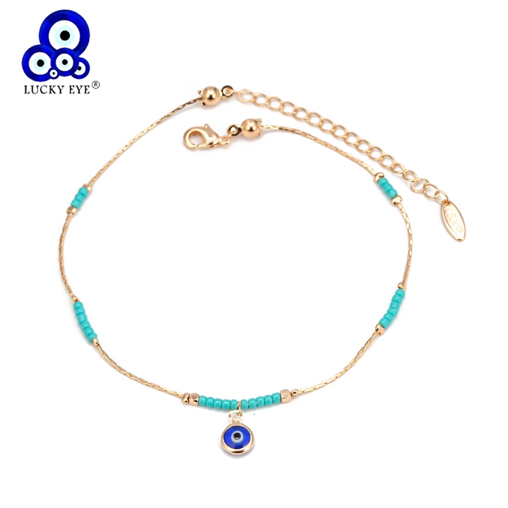 Lucky Eye MIYUKI Bead Blue Turkish Evil Eye Anklet Gold Silver Color Foot Chain Ankle Bracelet Adjustable for Women Girls BD320