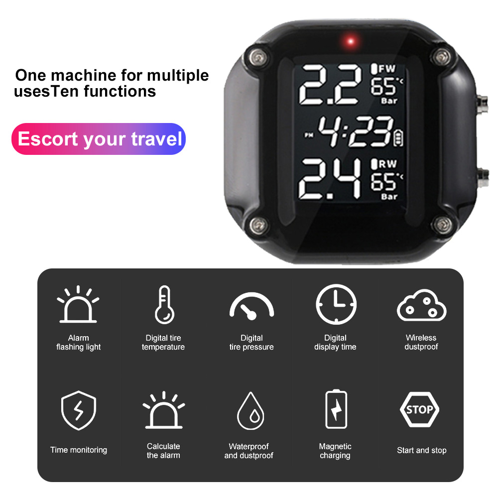 Motorcycle TPMS - LCD Display - 2 External Sensors - Waterproof - Battery Operated