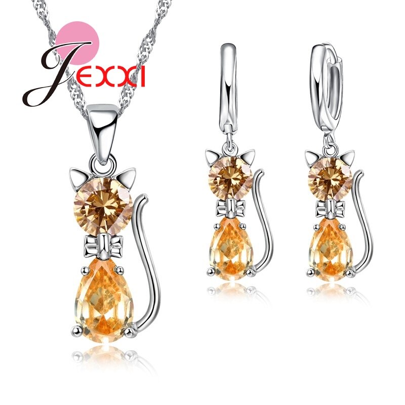 Mode 925 Sterling Zilveren Sieraden Sets Voor Vrouwen Laies Luxe Cz Rhinestone Dier Kat Charm Hanger Ketting Oorbellen: Yellow