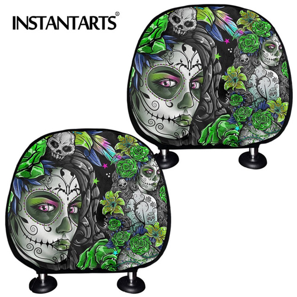 INSTANTARTS Day of Dead Car Seat Headrest Covers Sugar Skull Pattern Breathable Protective Rest Cushion Covers Universal: HTAA0222D1