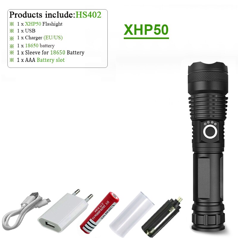 Linterna LED xlampara XHP70.2 XHP90 de gran potencia, linterna LED con USB XHP50, linterna táctica con Zoom, batería recargable de 18650 26650: XHP50-18650 Suit
