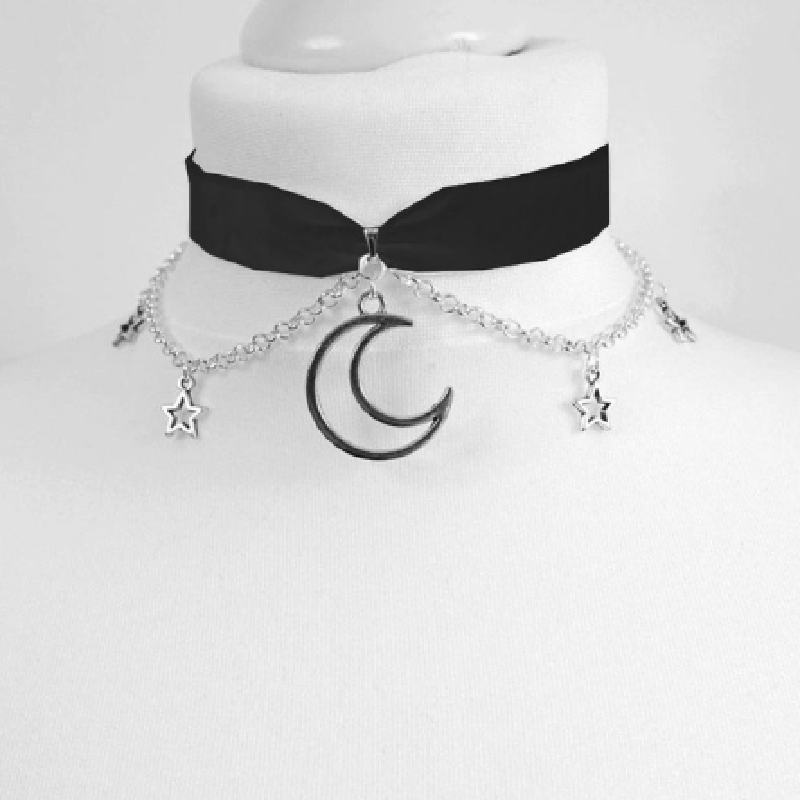 Black Crescent Moon Choker Necklace Gothic Grunge Black Velvet Jewelry Gorgeous Women Pendant Gothic Statement Goth: Black Zinc Plated
