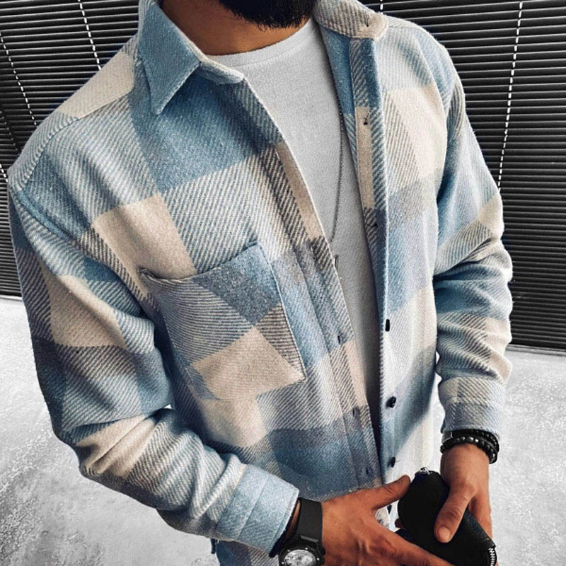 Spring Autumn Single Pocket Long Sleeve Shirt Men Chemise Homme Plaid Shirts Male Cotton Casual Men's Clothing Streetwear