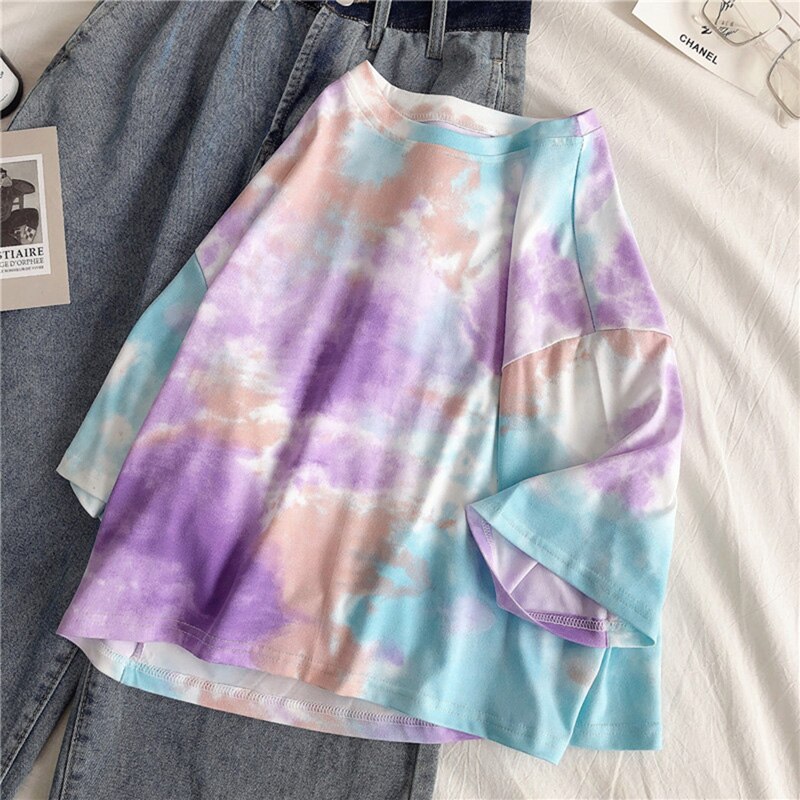 Style Plus sized O-neck Short Sleeve Sports Shirt Women -pang Tie Dye Print Summer Loose Tee Shirt