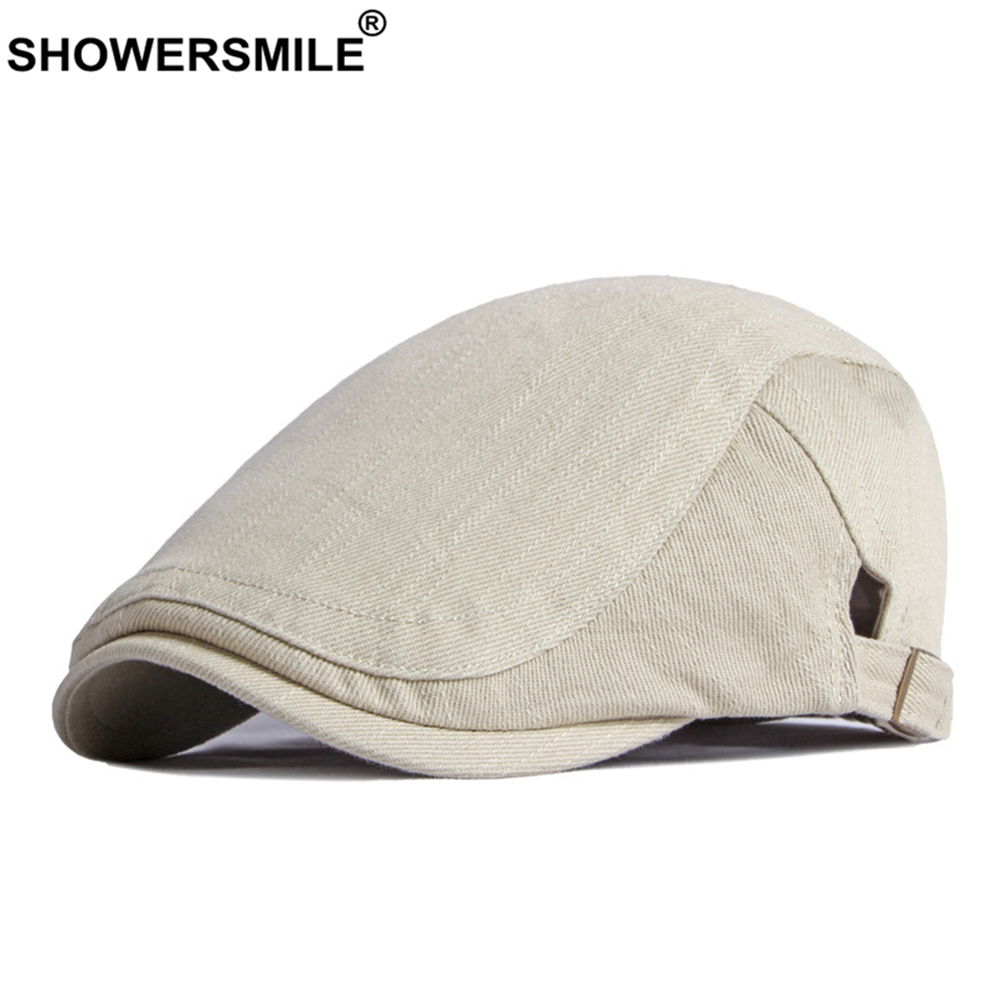 SHOWERSMILE Baumwolle Herren Baskenmütze Hütte Britischen Stil Zeitungsjunge Solide Beige Schwarz Marine khaki Frühling Sommer Flache Kappe Einstellbar 55-60cm