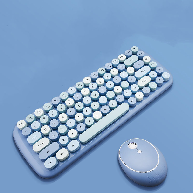 Kit de clavier et souris sans fil 2.4G pour filles, rétro, Vintage, 84 touches rondes colorées, Orange, rose, bleu, vert, pour ordinateur portable,: blue-84 keys