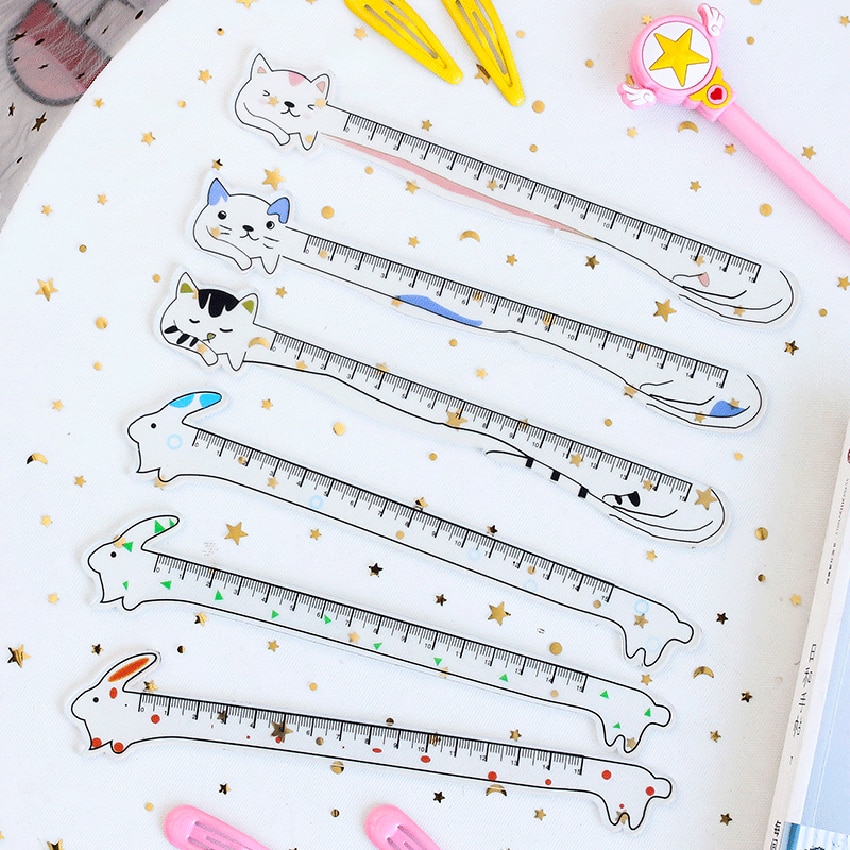 15cm Acrylic Straight Ruler Cartoon Measuring Rulers Students Stationery Cute Cat Rabbit Shape Clear Scale Transparent Ruler