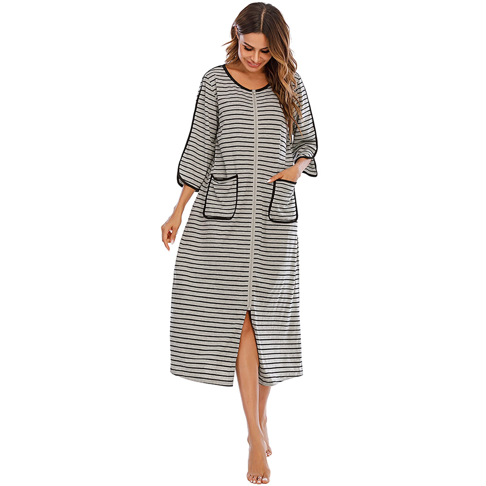 Chemise de nuit à rayures pour femmes poches zippées manches trois-quarts chemises de nuit mi-mollet robes de tenue décontractée longues: Gris / XL