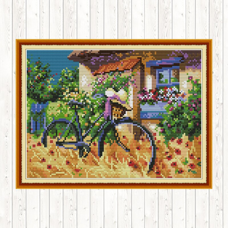 Cykel naturskön målning korsstygn tyg aida 14ct 11ct räknat tryckt på duk broderi kit dmc diy handgjorda handarbete
