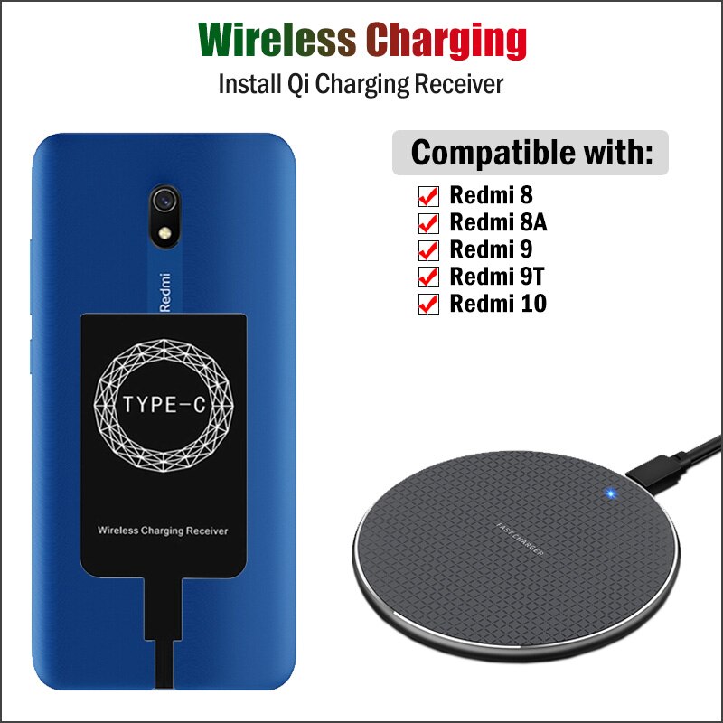 Qi Drahtlose Aufladen Empfänger für Xiaomi Redmi 8 8A 9 9T 10 Telefon Drahtlose Ladegerät Pad USB Typ-C Ladung Adapter fallen