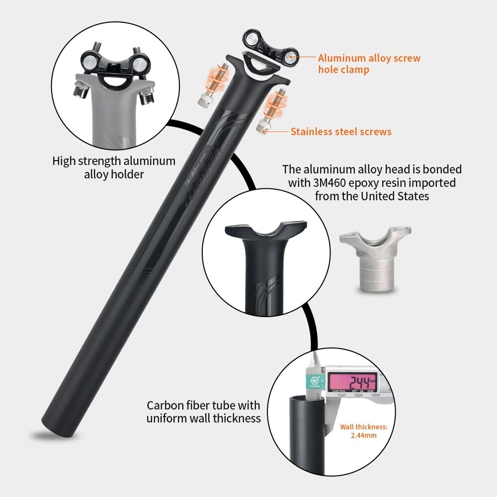 TOSEEK Black UD Matte Full Carbon Fiber MTB Road Bicycle Seatpost Bike Seat Post Cycling Parts 27.2/30.8/31.6 x 350/400mm