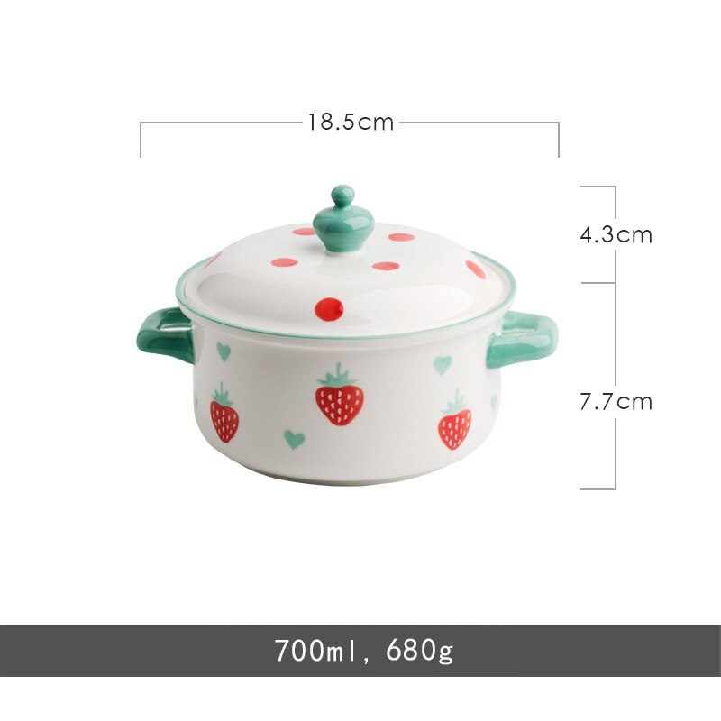 Strawberry Pattern Ceramic Bowl with Double Handles and Cover 700ml Noodle Bowl Soup Bowl Classical Style