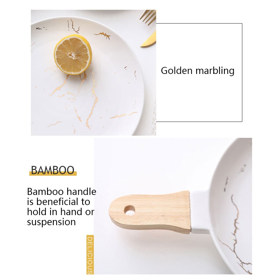 Marble Stripe Round Ceramic Pizza Pasta Plate Cookware Porcelain Sushi Tableware Wooden Bamboo Handle Hold In Hand Suspension