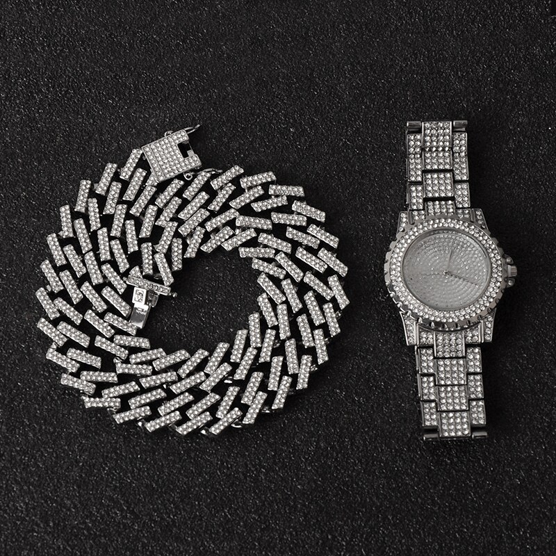 Hüfte hüpfen Halskette + Uhr + Armbinde Bling vereist aus Miami Zirkon Kubanischen Zinke Gepflasterte Strass Armbinde Halskette Für Männer schmuck: Silber- Uhr Kette