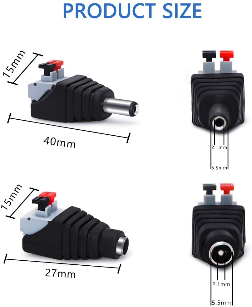 Upgraded Male+Female DC quick Connector Plug,12V 5.5X2.1mm Barrel DC Power Jack Adapter Connector for Led Strip CCTV Camera