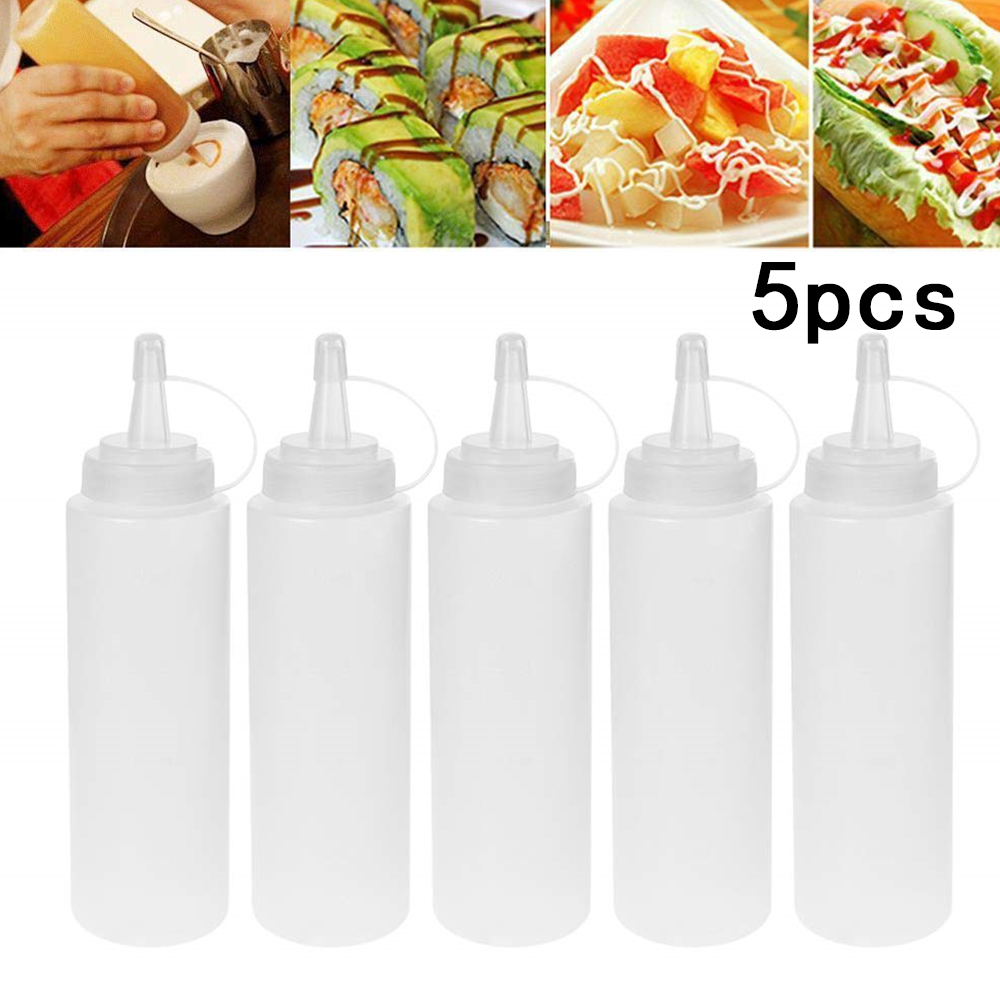 5x Kitchen Plastic Squeeze Bottle Condiment Dispenser for Sauce Vinegar Oil Ketchup Gravy Bottles