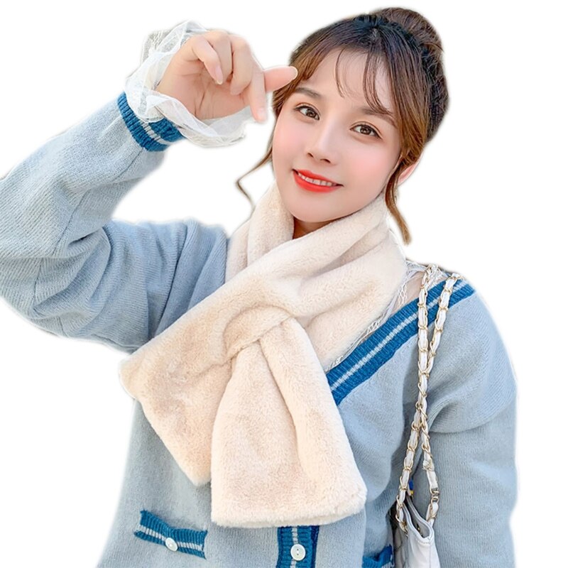 Women Thick Fuzzy Plush Loophole Cross Collar Scarf Solid Color Neck Wrap Shrug: Beige