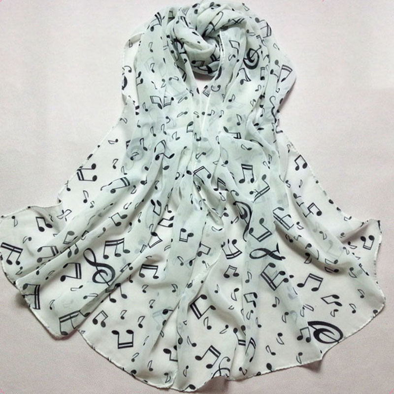 ¡Precio especial! bufanda de cuello de gasa de nota Musical para mujer, bufandas, bufanda larga de belleza para mujer, negro/Blanco/café: White
