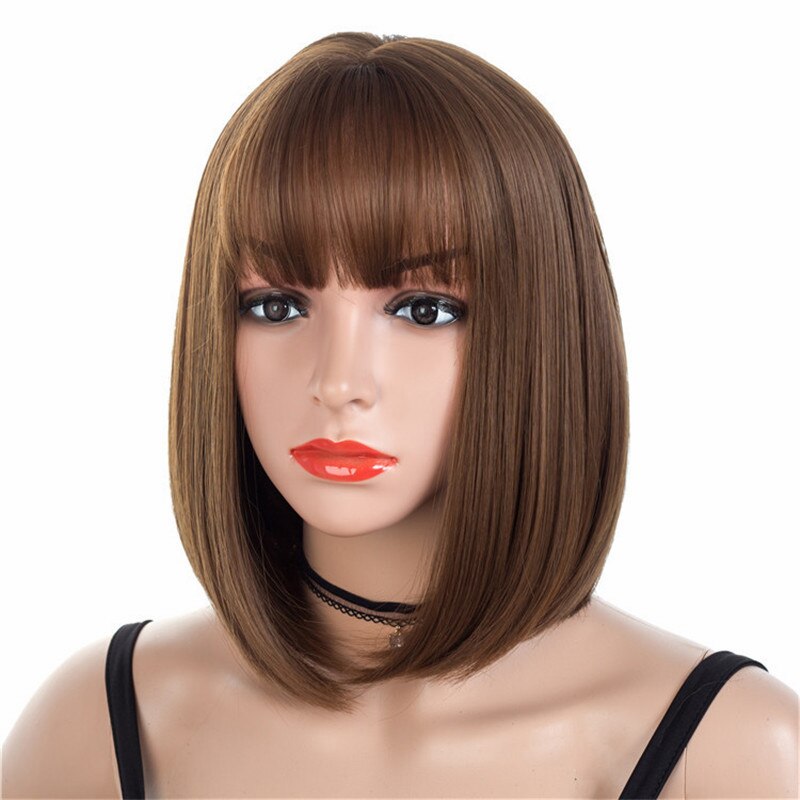 Perruques courtes marron perruques courtes Style Bob perruque de femmes noires synthétiques droites avec frange 12 pouces perruque Blonde cheveux doux: brown