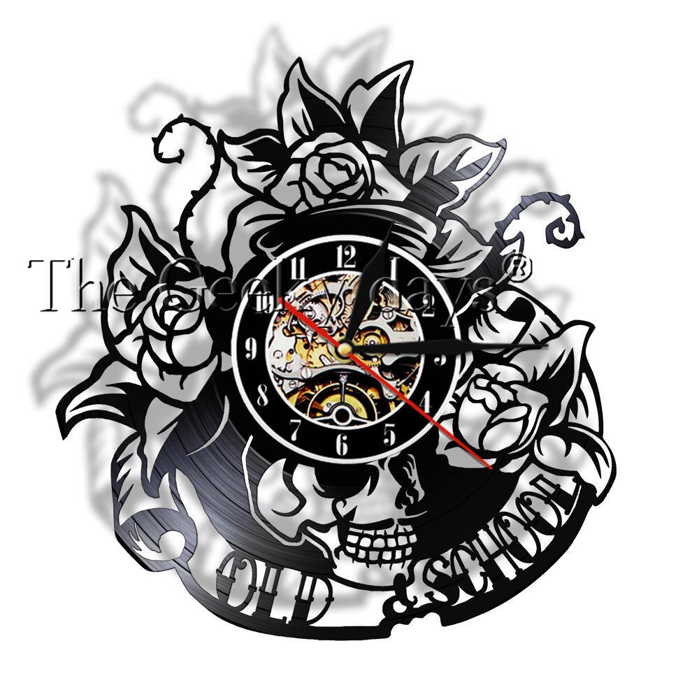 Cd vinil registro relógio de parede do vintage antigo estilo escola preto decoração da casa relógio de parede led crânio flores rosas para tattooist presente: No Led