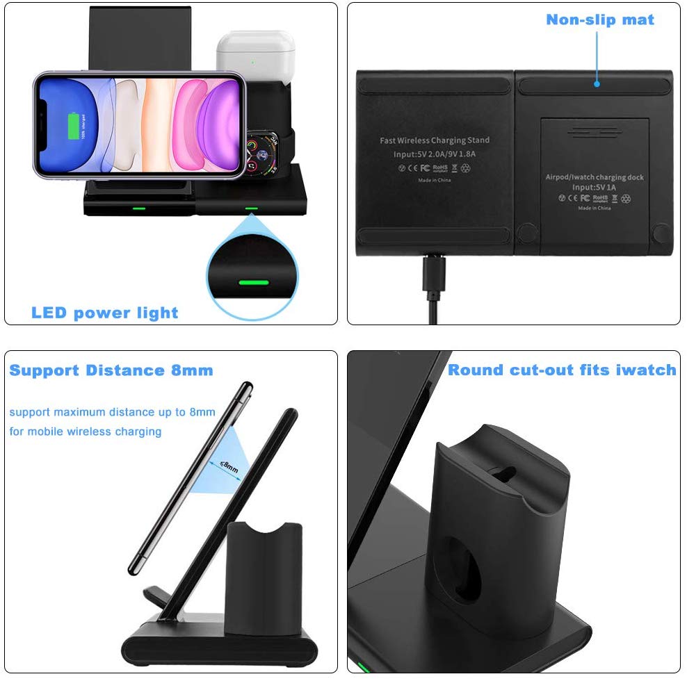 Wireless Charger Stand Qi Wireless Charging Dock Station Compatible Apple Watch Series 2/3/4/5 AirPods Pro iPhone X 11 XR 8plus