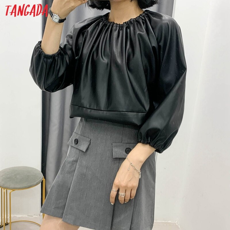 Tangada kvinder oversized patchwork pu læder skjorte tilbage knap chik kvindelig afslappet løse toppe blusas 3 w 206