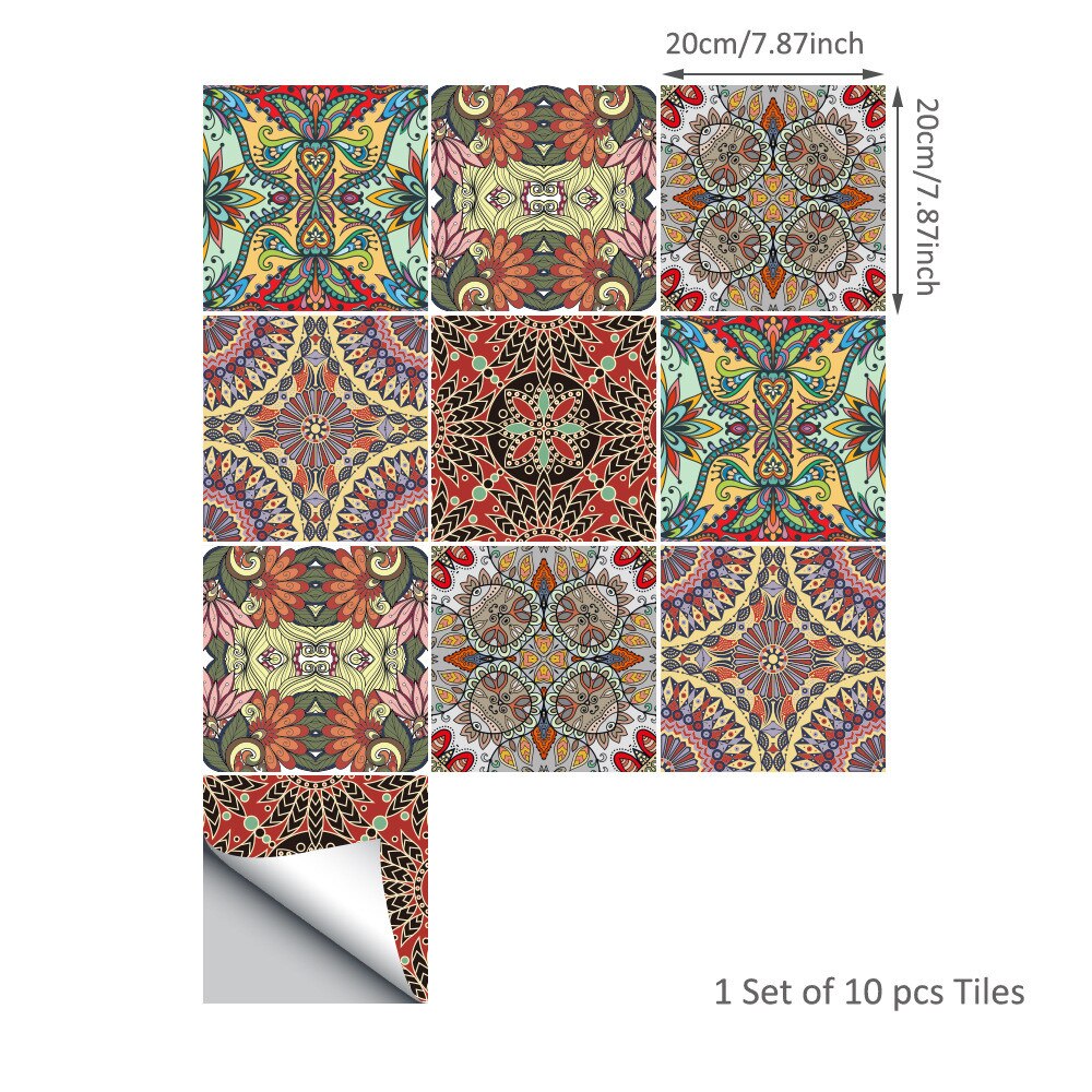 10 stk/sæt 15cm/20cm indisk mønster wallsticker selvklæbende fliser tapet olie vandtætte flise stickers soveværelse dekoration: 20cm