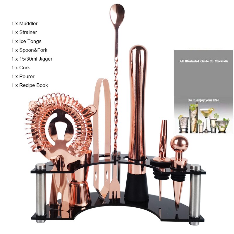 Stainless Steel Boston Cocktail Shaker Bar Set with Cocktail Recipe Booklet: BY--Rose Gold Rack