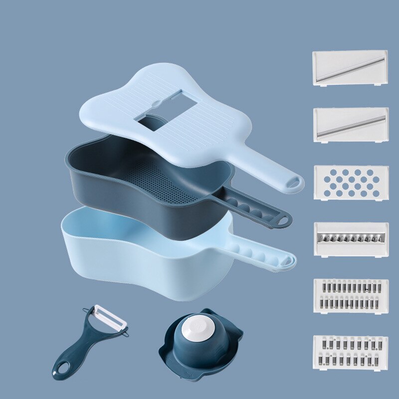 Multi Function Vegetable Cutter Kitchen Gadgets Kitchen Tools Fruit Slicer Grater Shredders Drain Basket Slicers Accessories: Light Blue