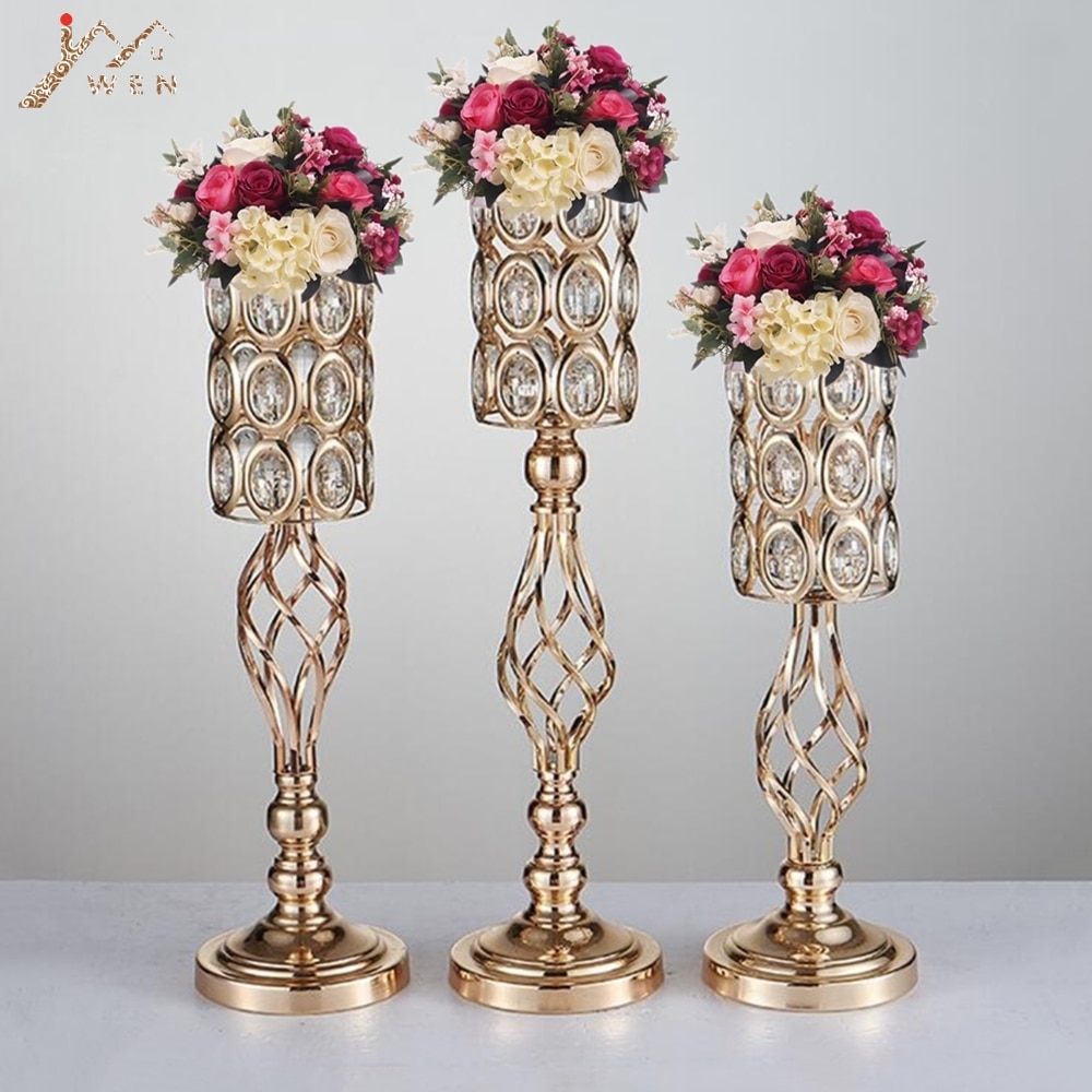 Candelabros dorados de Metal, candelabro de cristal hueco para mesa de boda, centro de mesa, flor, camino de plomo para decoración del hogar