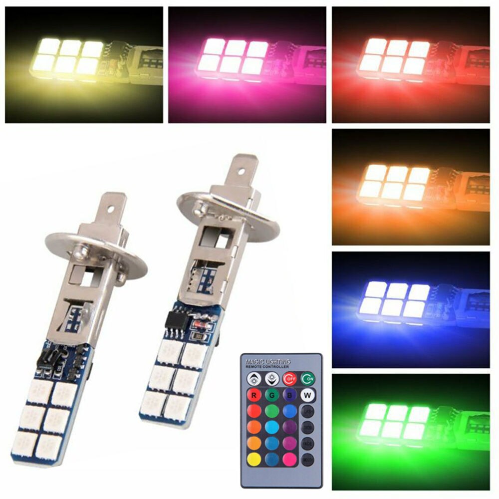 2x h1 12 smd 5050 rgb led -auton ajovalojen sumuvalolamppu + kauko -ohjain 24- -näppäimellä erittäin kirkas