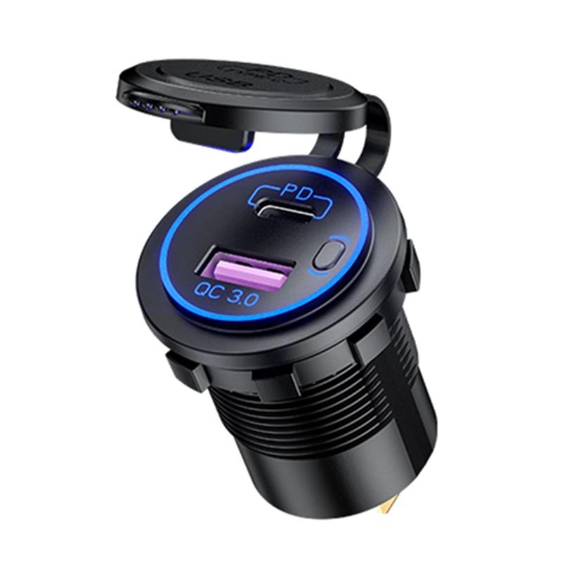 Wasserdicht 12V 24V QC 3,0 Typ C Dual USB PD Schnelle Auto Ladegerät mit Energie Schalter für Lkw motorrad Marine Stiefel SUV ATV Cellphon: Blau A
